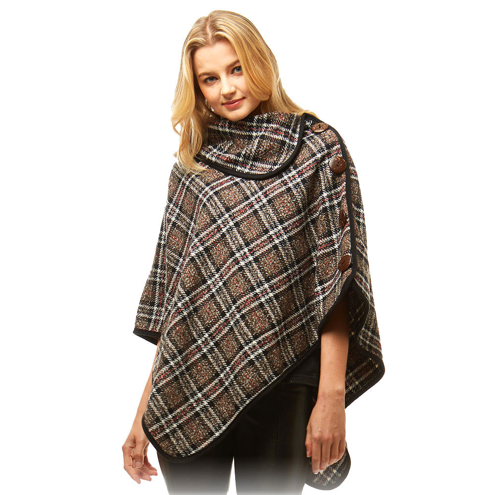 Cozy Plaid High Neck Buttons Collar Poncho Ruana