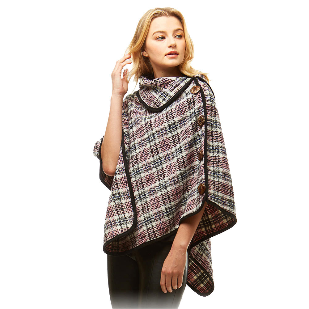Cozy Plaid High Neck Buttons Collar Poncho Ruana