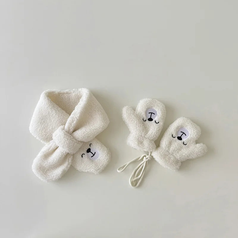 Winter Baby Scarf & Glove Set – Polar Fleece Cartoon Bear Scarf & Plush Mittens for Boys & Girls (2-5Y) – Cute Kids Winter Accessories