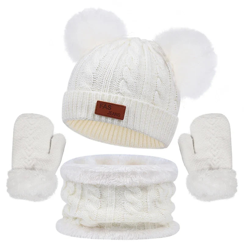 Kids Winter Hat, Scarf & Gloves Set – Double Ball Fleece Lining Baby Beanie Hat for Boys & Girls, Solid Color Knitted Infant Cap (1-4 Years)