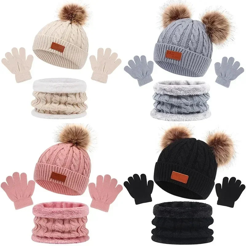 Baby Winter Hat, Scarf & Gloves Set – Knitted Beanie with Fur Ball, Soft Kids Cap for Boys & Girls, Cozy Toddler Winter Accessories (1-5Y)