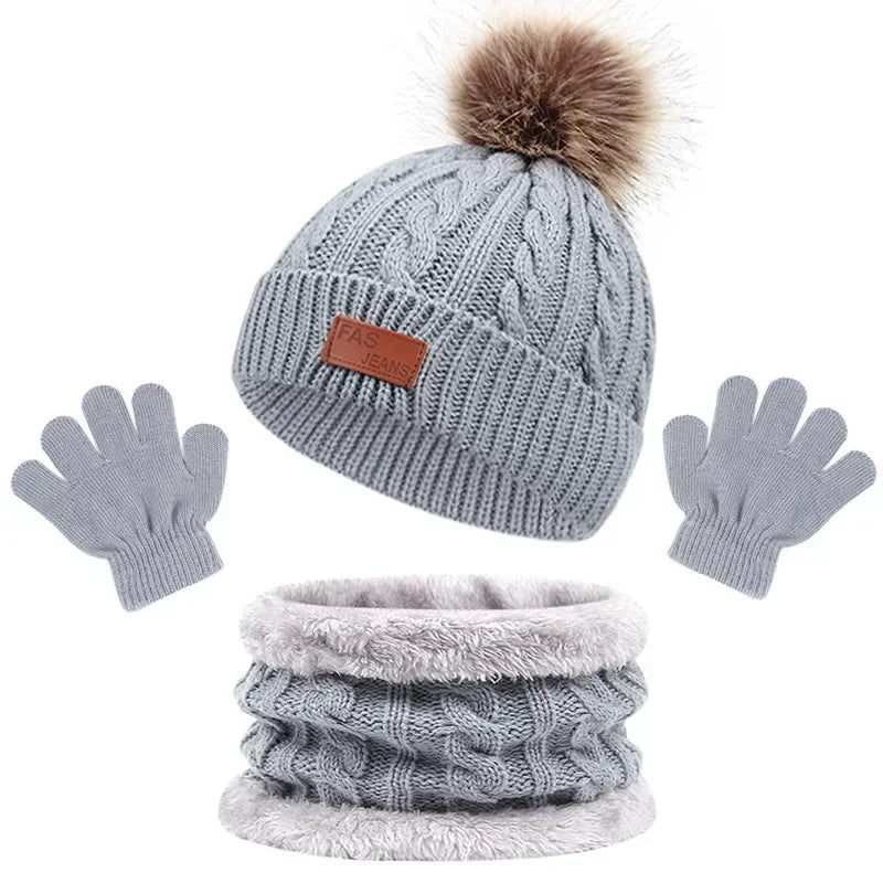 Baby Winter Hat, Scarf & Gloves Set – Knitted Beanie with Fur Ball, Soft Kids Cap for Boys & Girls, Cozy Toddler Winter Accessories (1-5Y)