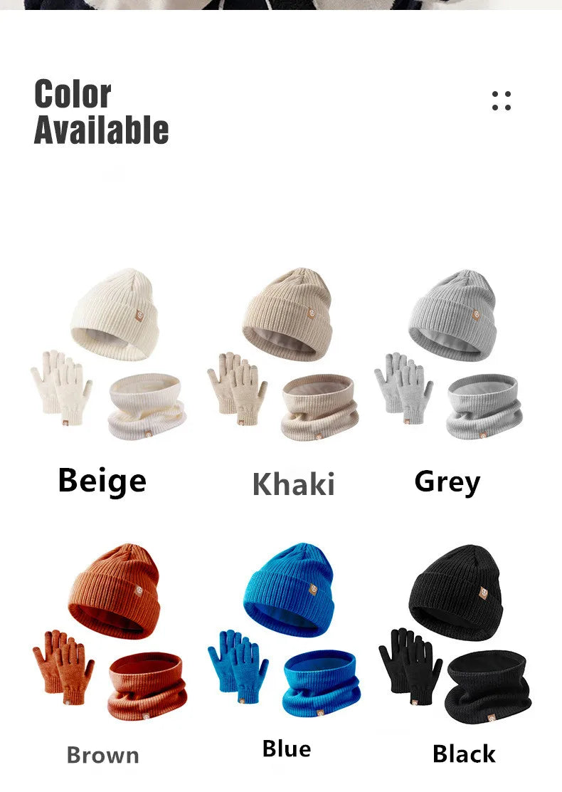 3-Piece Winter Set – Warm Knitted Hat, Gloves & Scarf for Boys & Girls, Plus Velvet Ear Protection Beanie for Kids