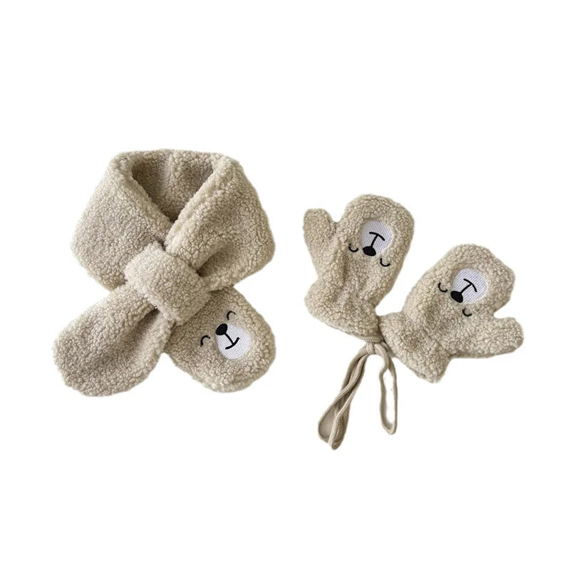 Winter Baby Scarf & Glove Set – Polar Fleece Cartoon Bear Scarf & Plush Mittens for Boys & Girls (2-5Y) – Cute Kids Winter Accessories