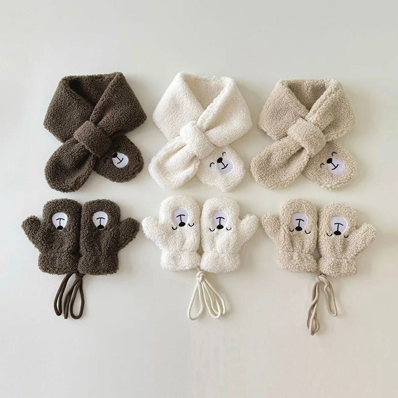 Winter Baby Scarf & Glove Set – Polar Fleece Cartoon Bear Scarf & Plush Mittens for Boys & Girls (2-5Y) – Cute Kids Winter Accessories