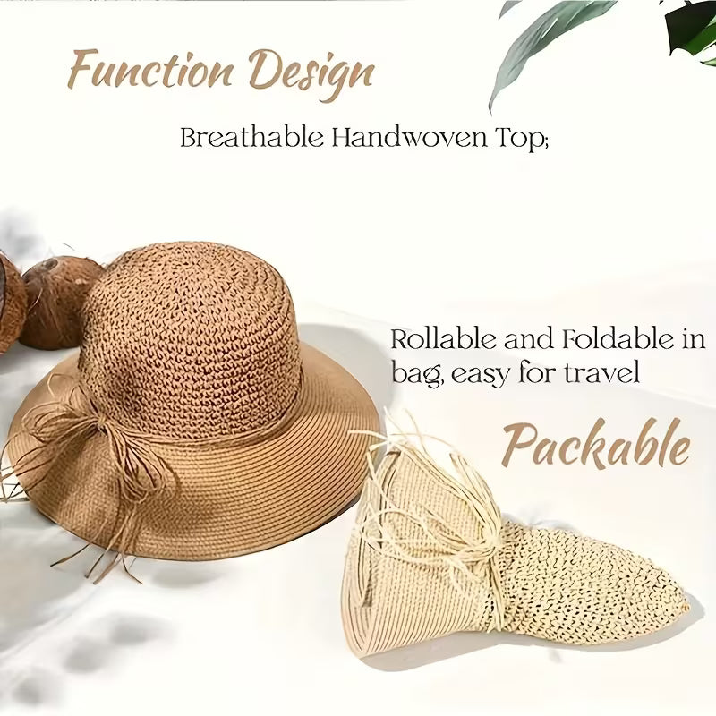 Crochet Linen Sun Hat – Wide Brim Breathable Summer Beach Hat with Chin Strap | Foldable Travel Hat for Women