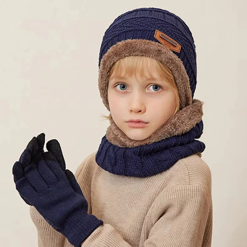 Winter Kids’ Hat, Scarf & Gloves Set – Plush Lining Beanie, Non-Slip Gloves & Neck Warmer for Boys (Ages 4-10)