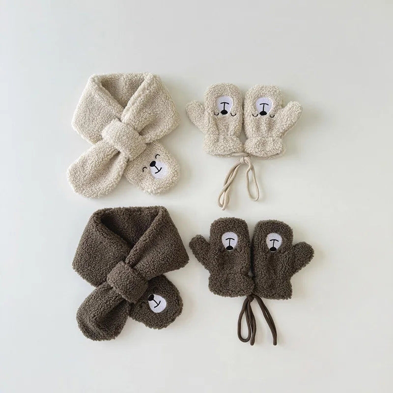 Winter Baby Scarf & Glove Set – Polar Fleece Cartoon Bear Scarf & Plush Mittens for Boys & Girls (2-5Y) – Cute Kids Winter Accessories