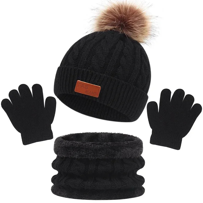 Baby Winter Hat, Scarf & Gloves Set – Knitted Beanie with Fur Ball, Soft Kids Cap for Boys & Girls, Cozy Toddler Winter Accessories (1-5Y)