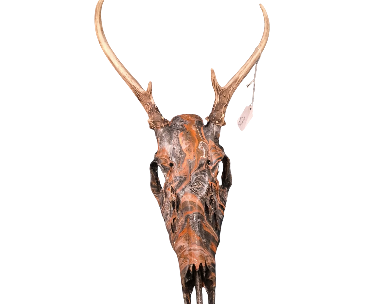 Spike Deer Skull Acrylic Pour Orange Black