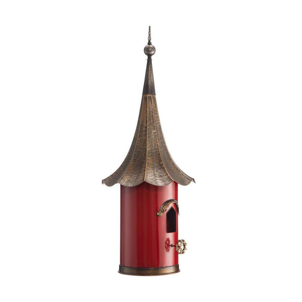 Red Metal Birdhouse with Copper Bronze Finish Gramophone Roof