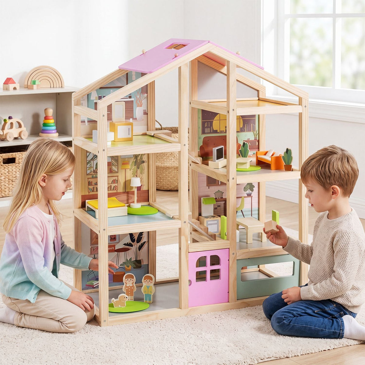 Wooden Dollhouse for Kids Modern Family Pretend Playhouse with Furniture Pieces and Figures-Natural
