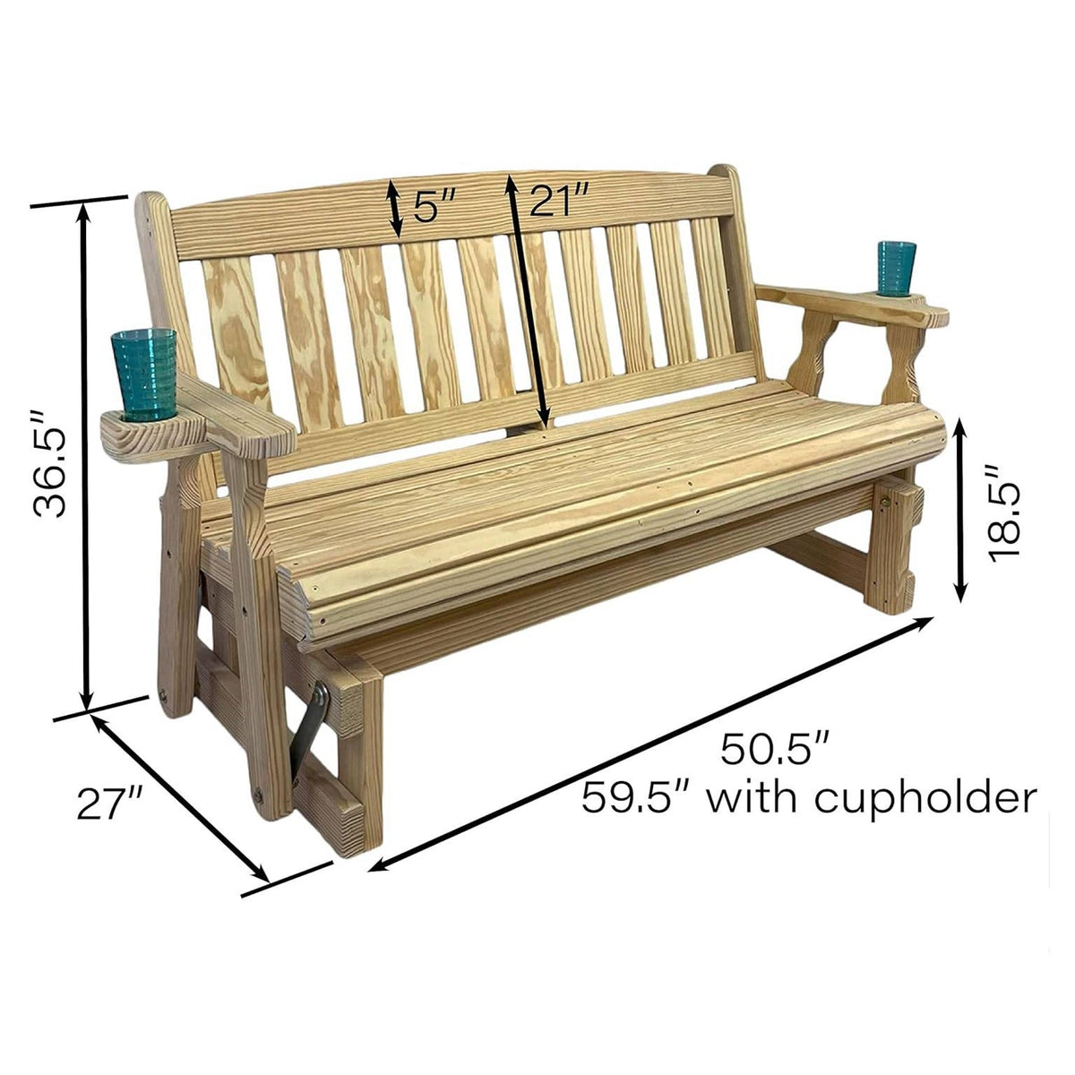 4ft Heavy Duty Unfinished Wood Porch Glider Bench with Cupholders - Made in USA