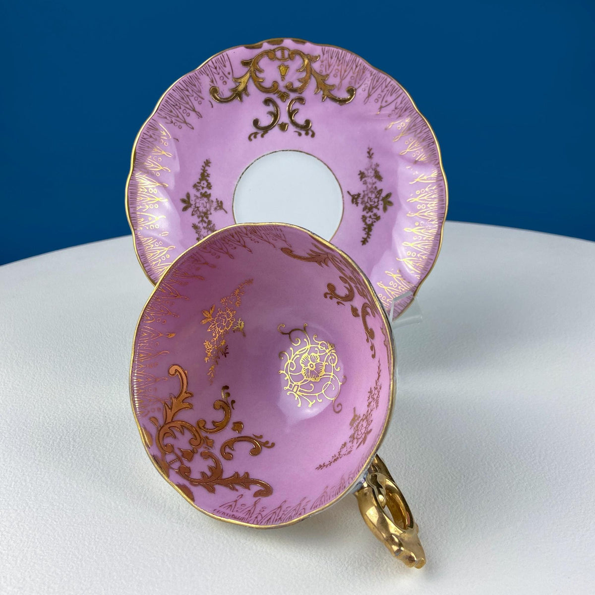 Vintage Pink Tea Cups and Saucers with Gold Accents. Set of 2 Cups. Different Motifs. Hand Painted Fruit. Gift for Couple. Tea Lovers.