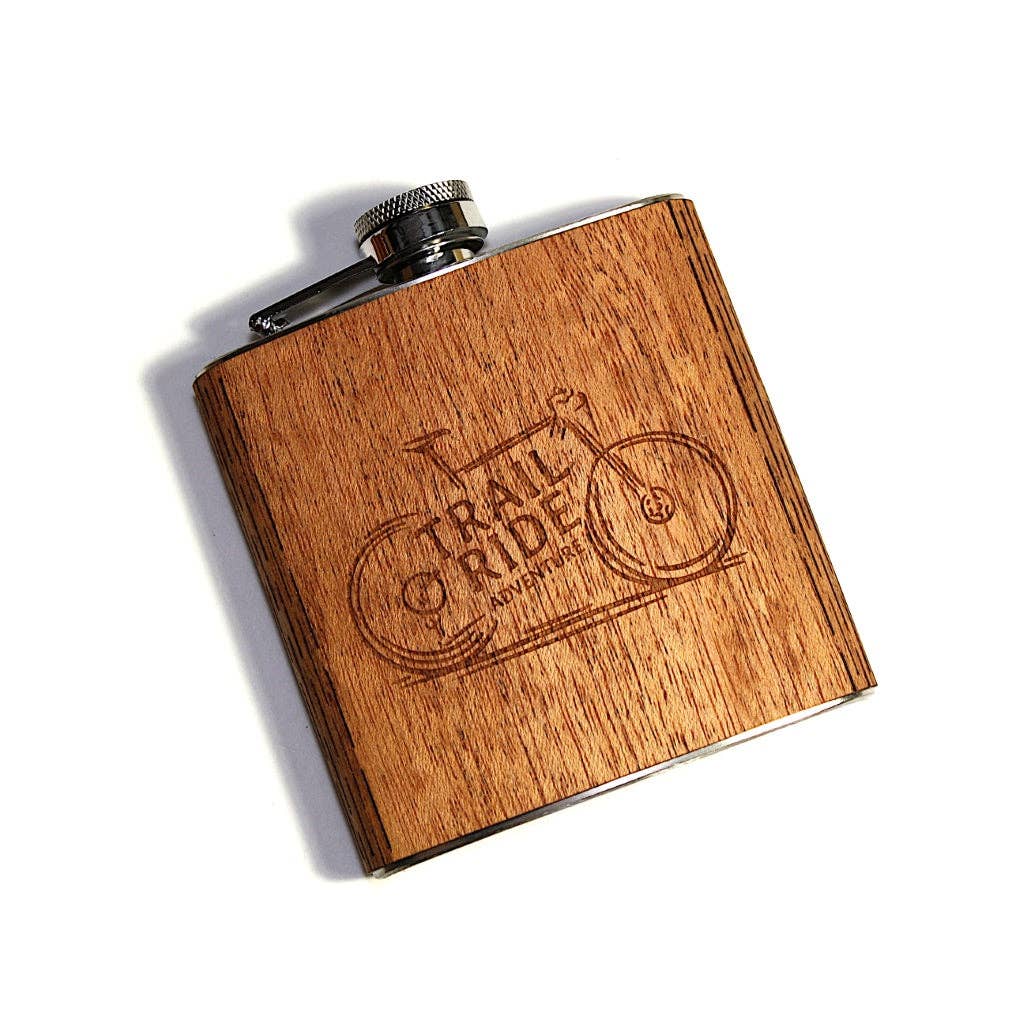 6 oz. Wooden Hip Flask – Bicycle with Mountain Scene | Trail Ride Collection