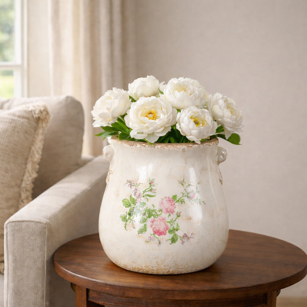 10" Floral Print Tuscan Ceramic Scroll Planter - Farmhouse Pots for Houseplants