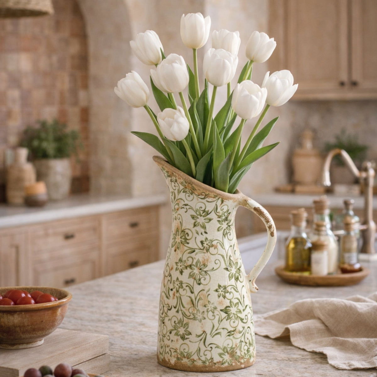 10” Tuscan Ceramic Green Scroll Pitcher Vase - Farmhouse Vase for Mantel
