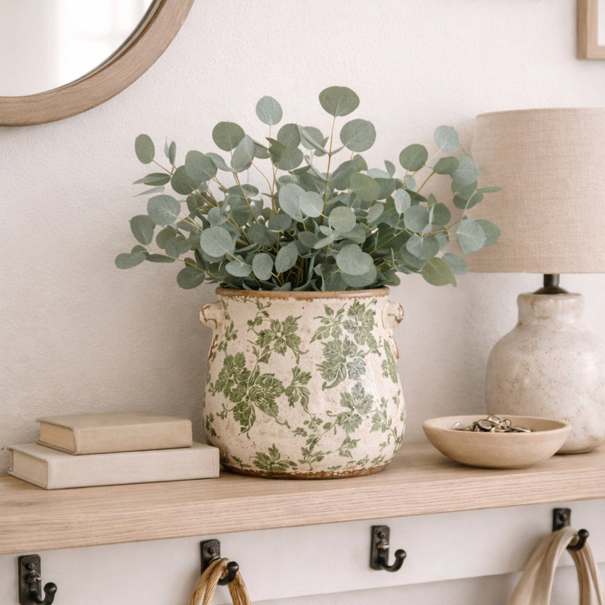 10” Tuscan Ceramic Green Scroll Planter w/ Handles - Rustic Farmhouse Tabletop Decor