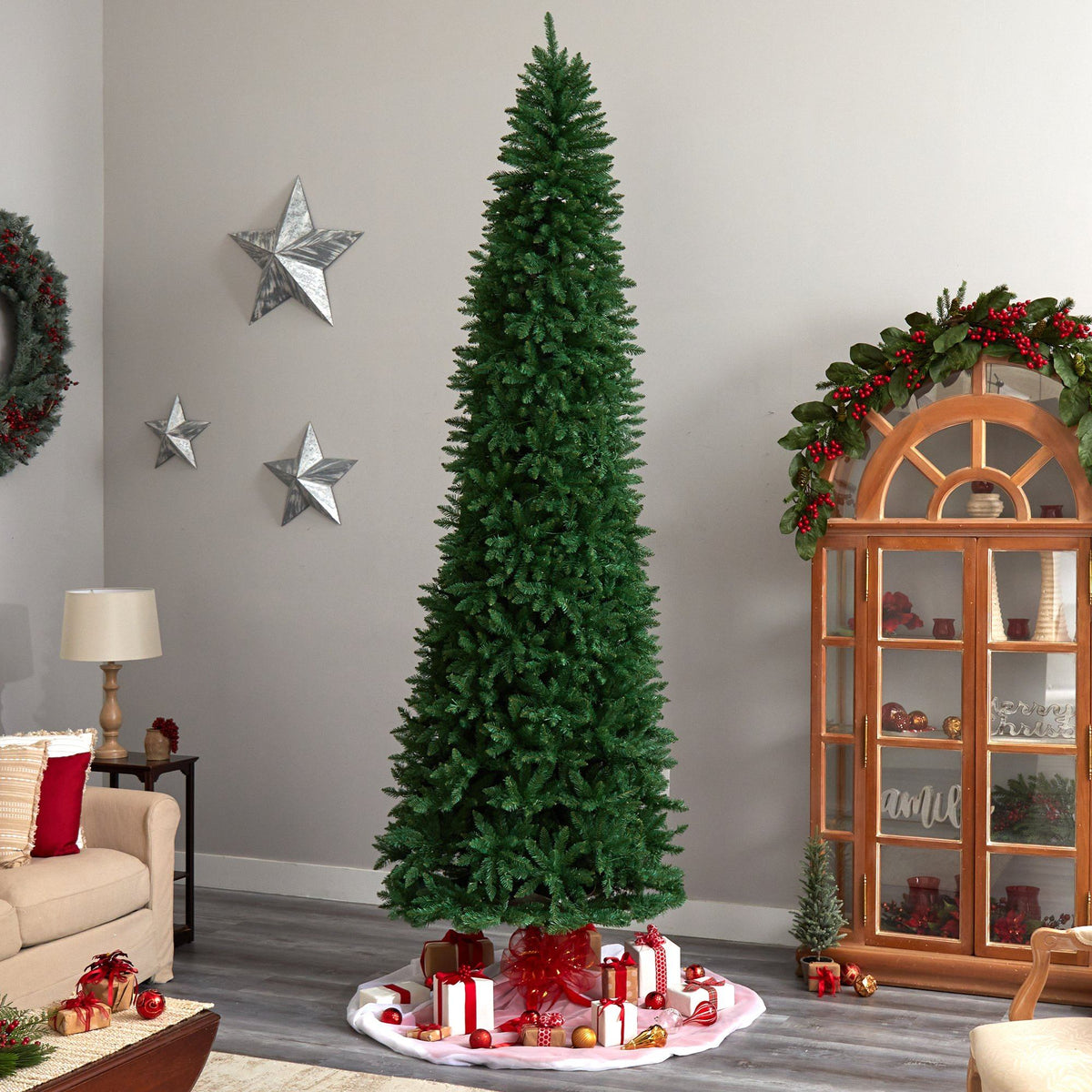 11' Slim Green Mountain Pine Christmas Tree with 950 Clear LED Lights and 2836 Bendable Branches, decorative Christmas tree for home and seasonal holiday dis...