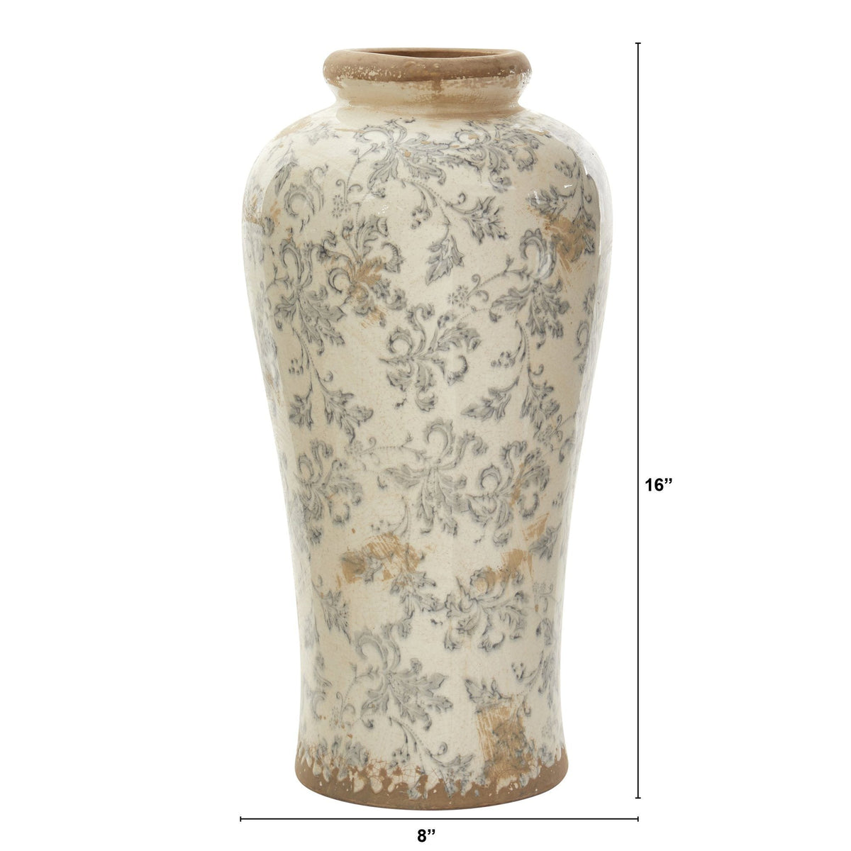 16” Tuscan Ceramic Floral Scroll Urn Vase - Rustic Decorative Vessel for Table, Shelf & Mantel Decor