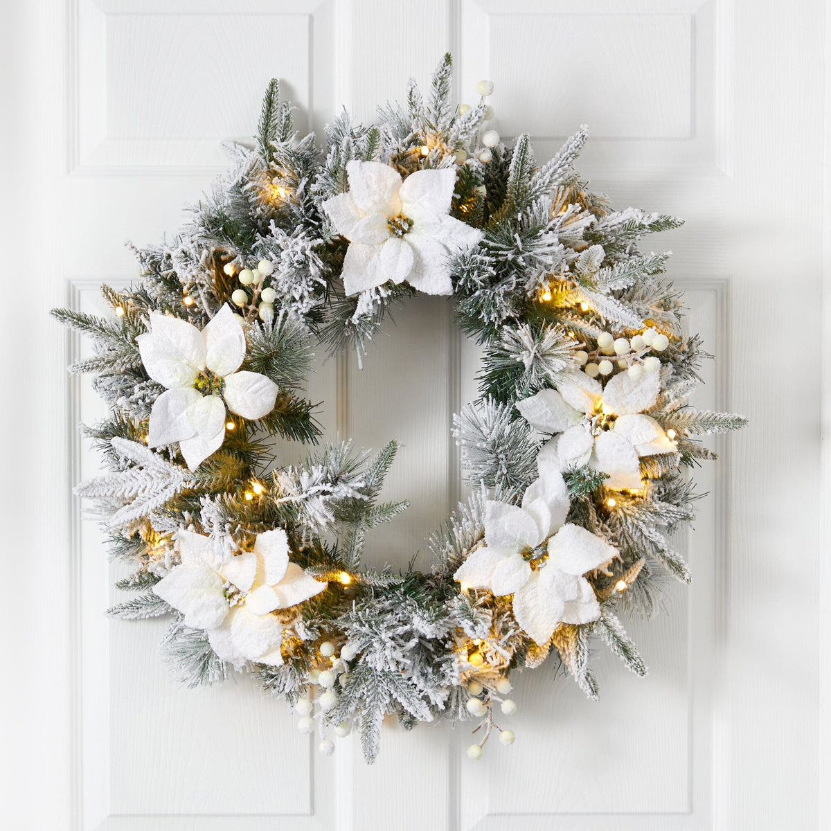 24” Artificial Flocked Poinsettia and Pine Christmas Wreath with 50 Warm White LED Lights