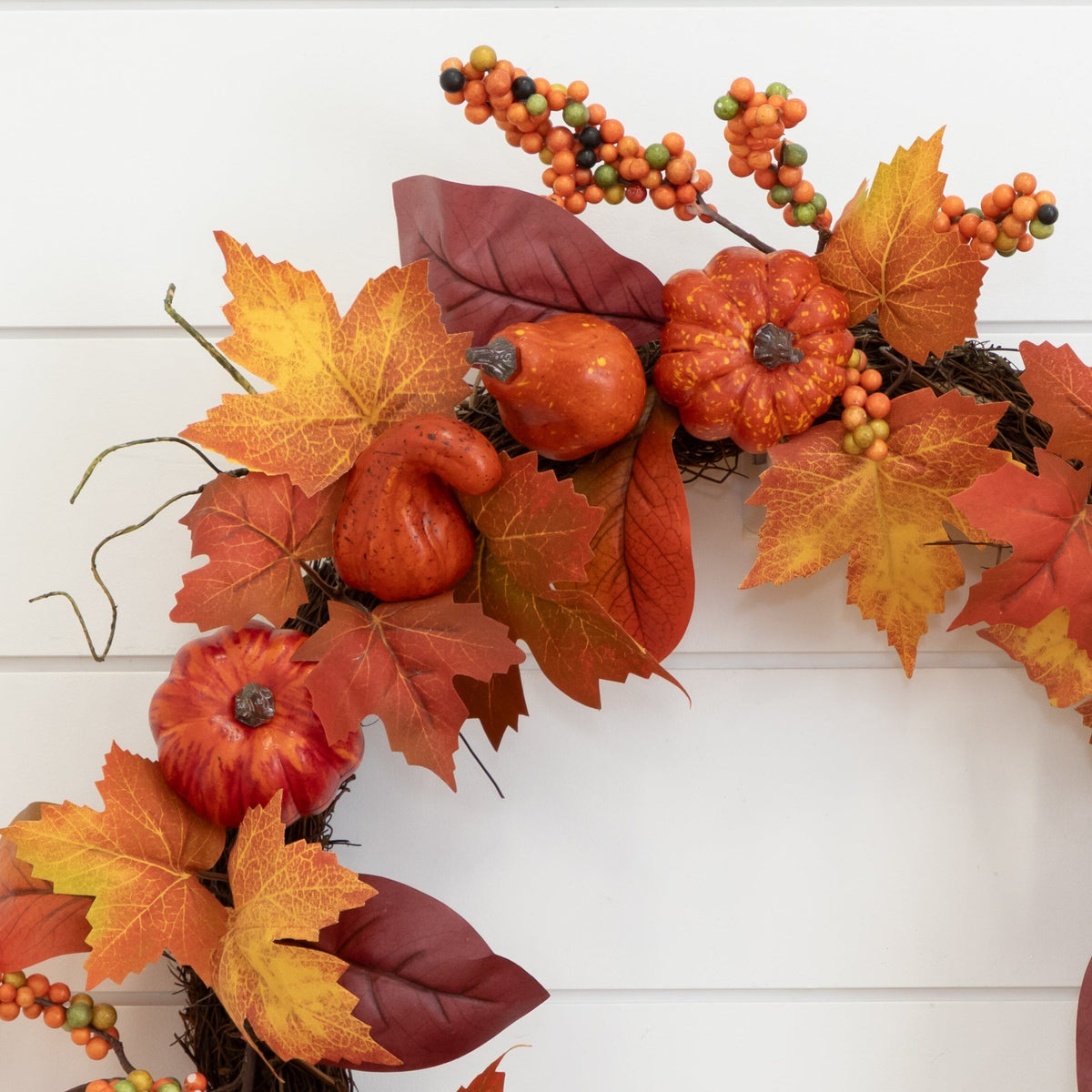 24” Autumn Maple Leaves, Pumpkin, Pinecone and Berries Artificial Fall Wreath