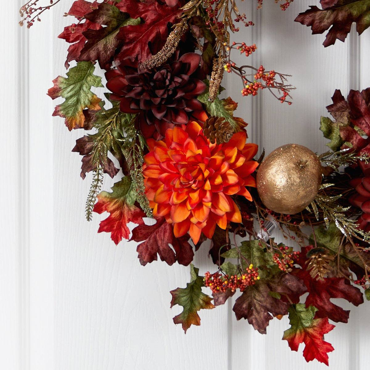 24” Fall Dahlia, Golden Apple, Oak Leaf and Berries Autumn Artificial Wreath