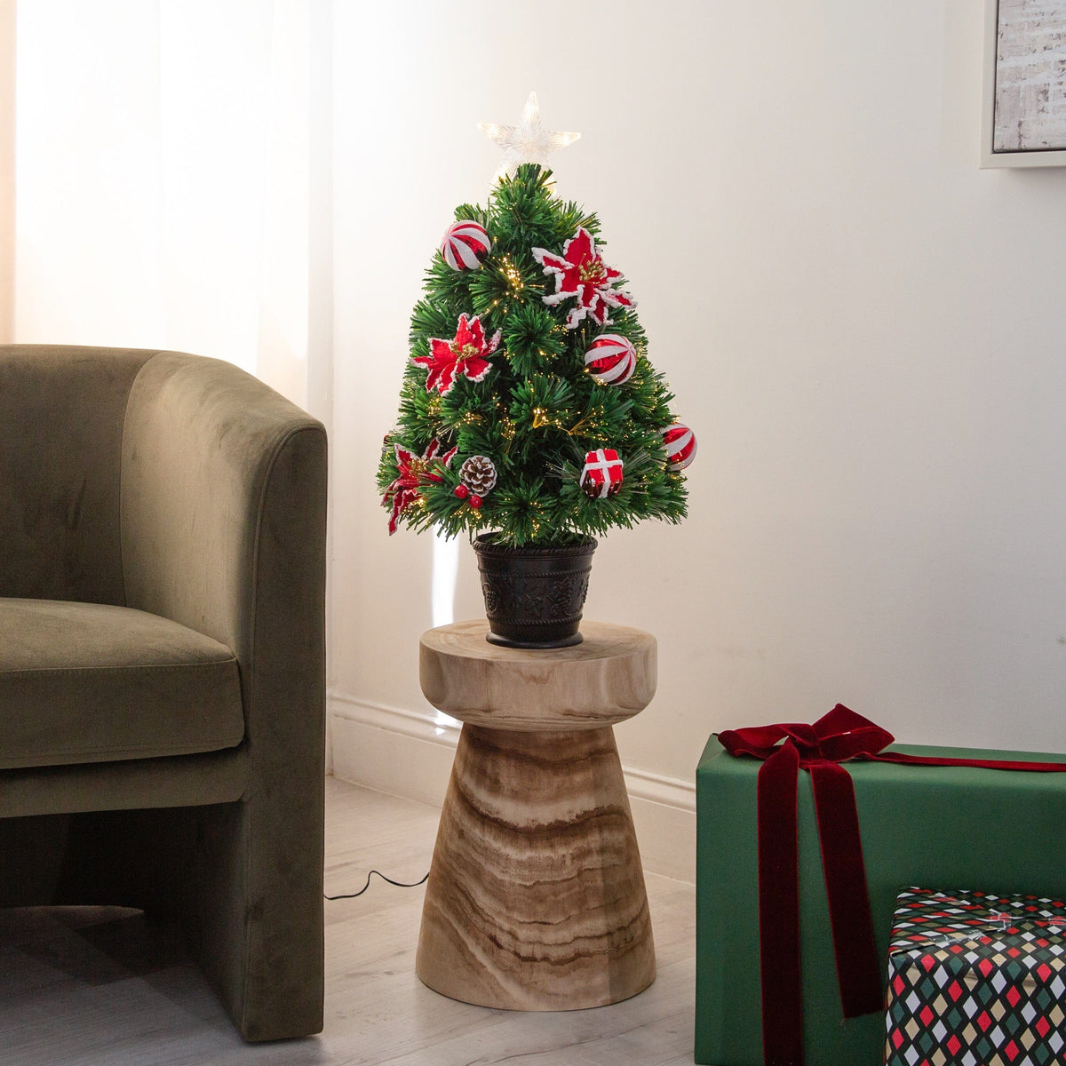 24" Pre-Lit Fiber Optic Artificial Christmas Tree with Ornaments, Poinsettia and Star Topper, festive Christmas tree ornament and seasonal decor