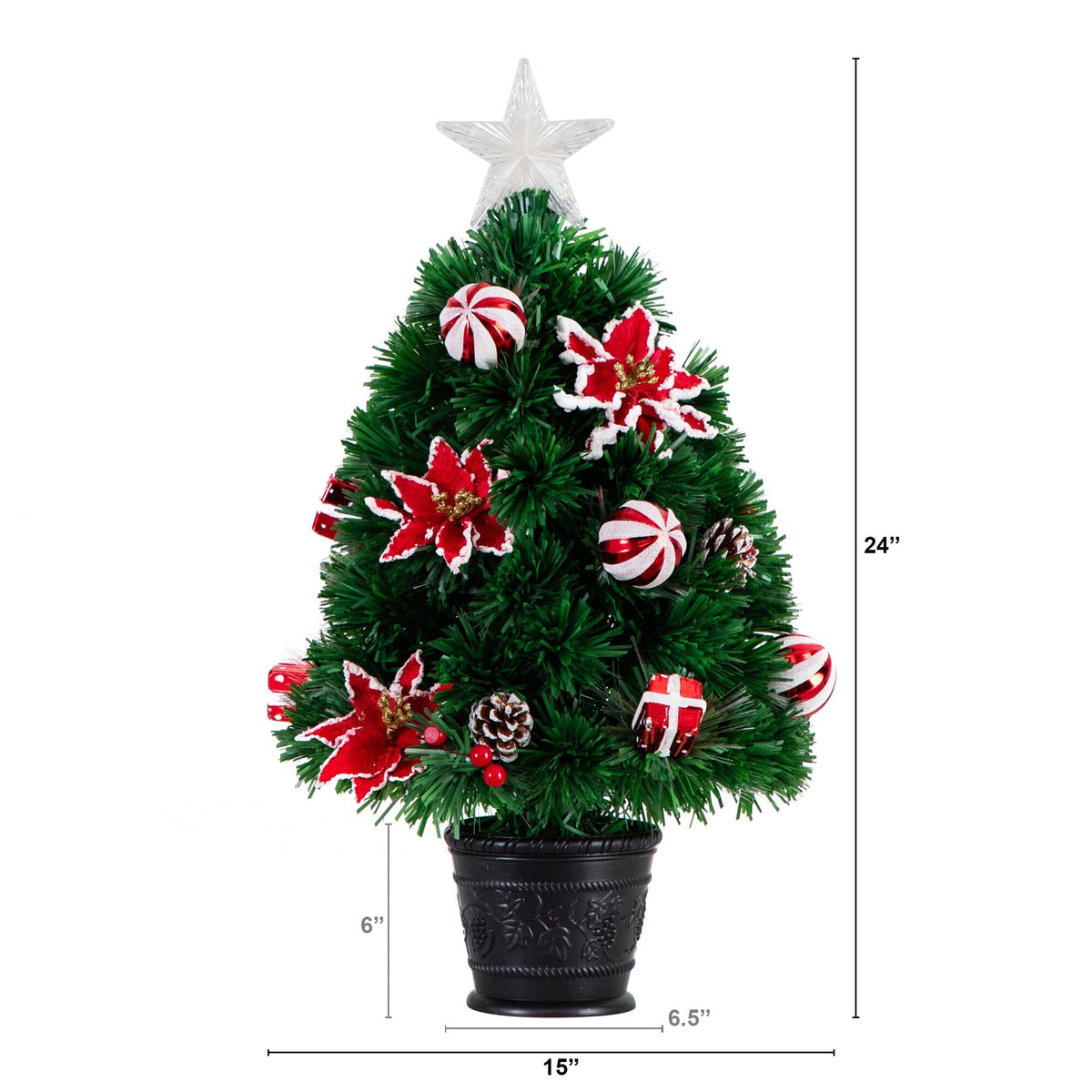 24" Pre-Lit Fiber Optic Artificial Christmas Tree with Ornaments, Poinsettia and Star Topper, holiday ornament for Christmas tree decorating
