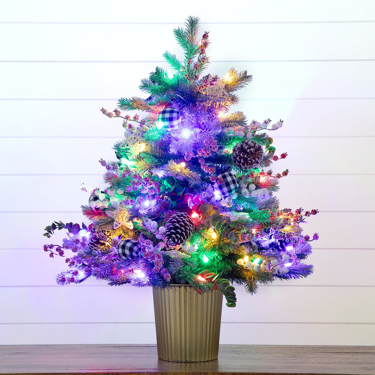 3' Pre-Lit Artificial Snow Covered Decorative Christmas Tree in Golden Planter with 80 Color Changing LED Lights, decorative Christmas tree for home and seas...