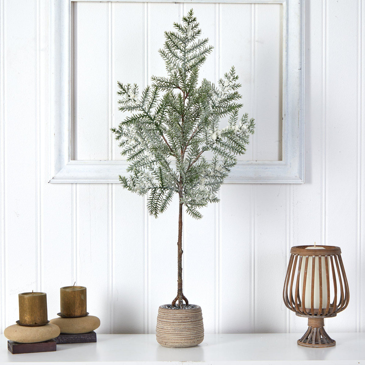 35'' Frosted Pine Artificial Christmas Tree in Decorative Planter, artificial Christmas tree for festive holiday home decor from Cedar & Spice Gifts