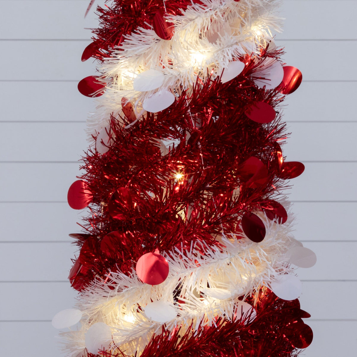4' Pre-Lit Pop up Red & White Tinsel Christmas Tree with 50 LED Lights, Christmas tree for living room, entryway or seasonal display