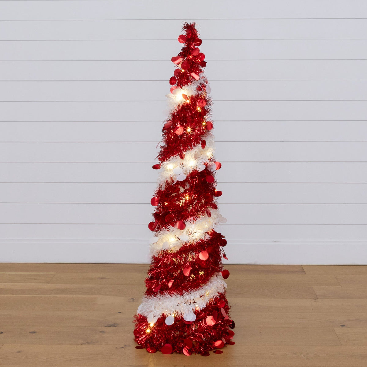 4' Pre-Lit Pop up Red & White Tinsel Christmas Tree with 50 LED Lights, artificial Christmas tree for festive holiday home decor from Cedar & Spice Gifts