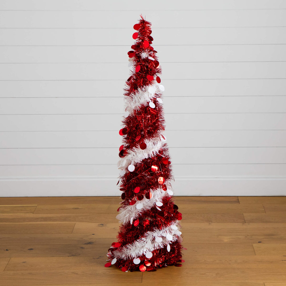 4' Pre-Lit Pop up Red & White Tinsel Christmas Tree with 50 LED Lights, holiday tree for festive indoor Christmas decorating