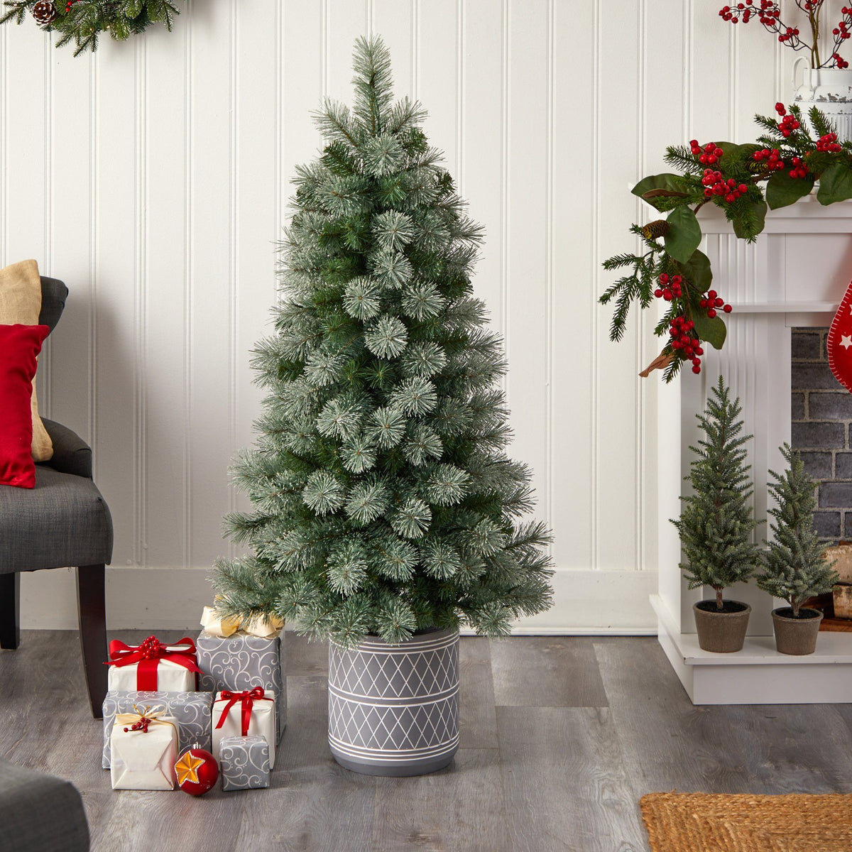 4.5' Nova Scotia Artificial Christmas Tree in Engraved Geometric Stone Planter, decorative Christmas tree for home and seasonal holiday display