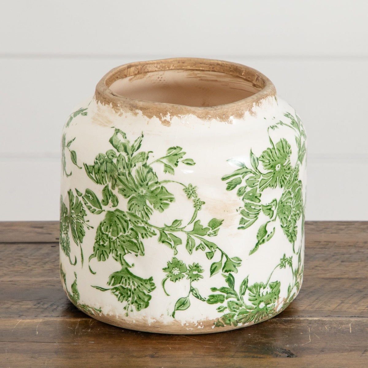5.5” Floral Tuscan Ceramic Green Scroll Planter - Weathered Farmhouse Decor