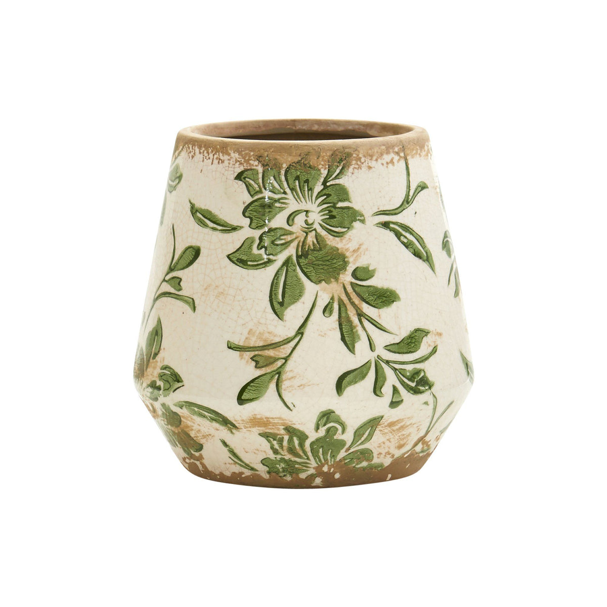 5.5” Tuscan Ceramic Green Scroll Planter - Distressed Farmhouse Planter