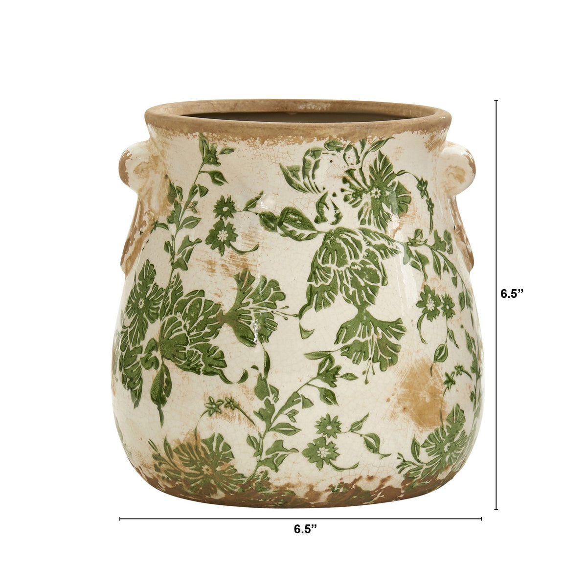 6.5” Tuscan Ceramic Green Scroll Planter - Distressed Farmhouse Planter
