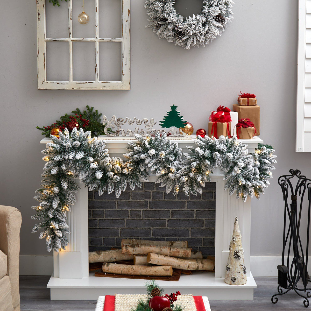 9' Flocked Artificial Christmas Garland with 50 Warm White LED Lights, festive Christmas decor for fireplace, stairs or doorway