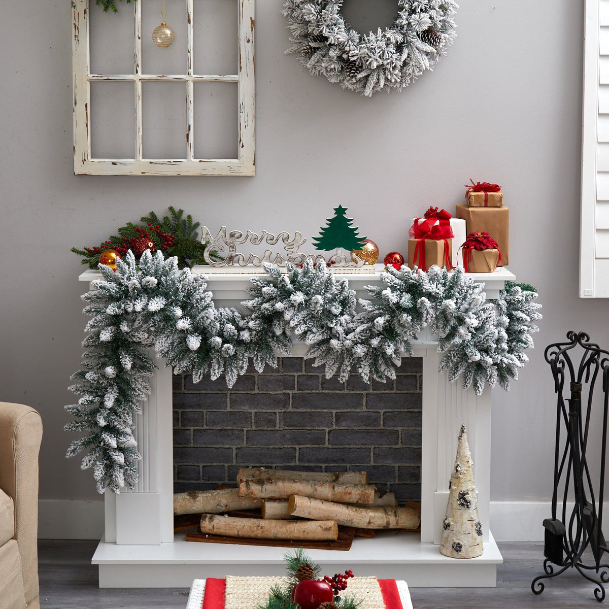 9' Flocked Artificial Christmas Garland with 50 Warm White LED Lights, festive holiday mantel, staircase and doorway decor from Cedar & Spice Gifts
