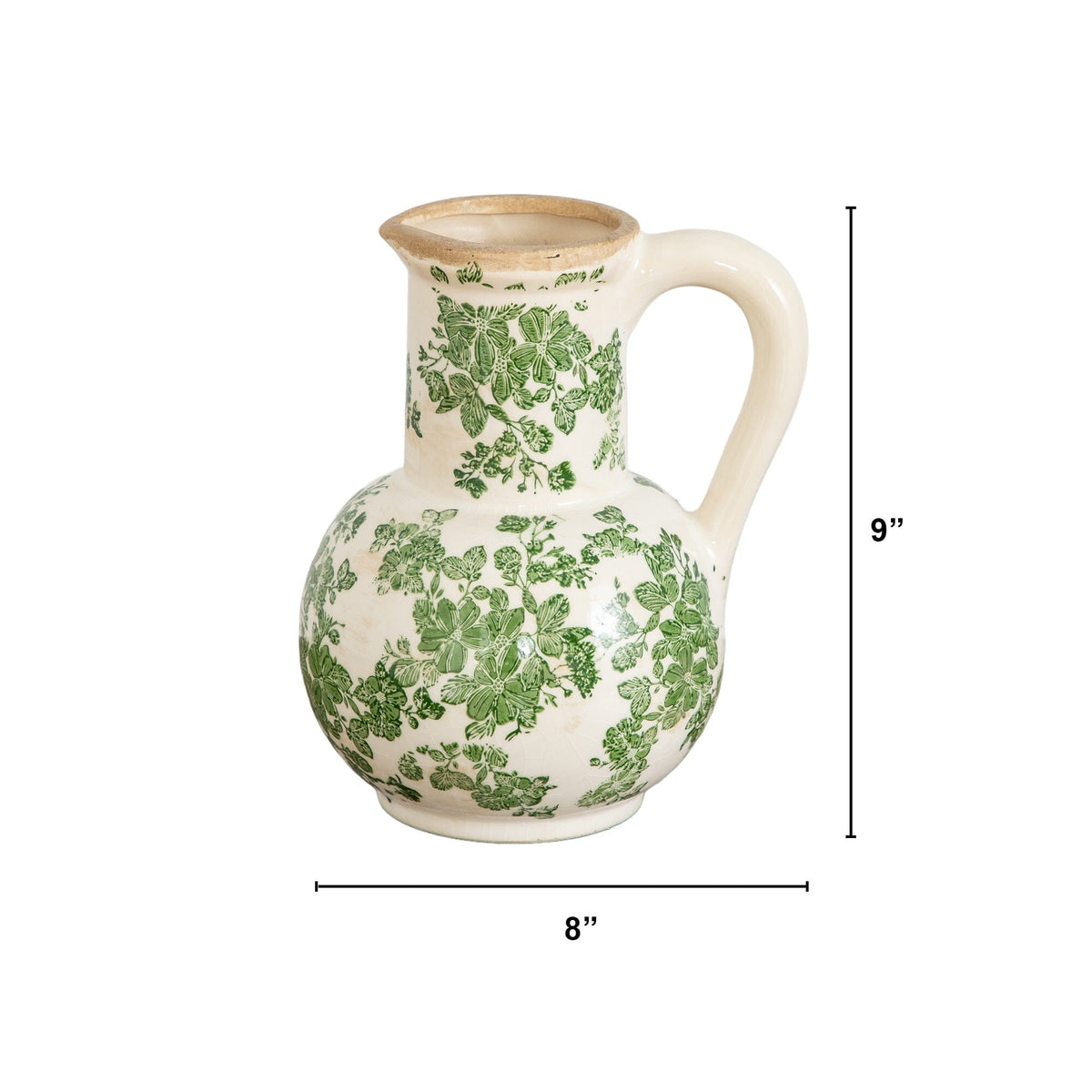 9” Floral Tuscan Ceramic Green Scroll Jar - Antiqued Vase