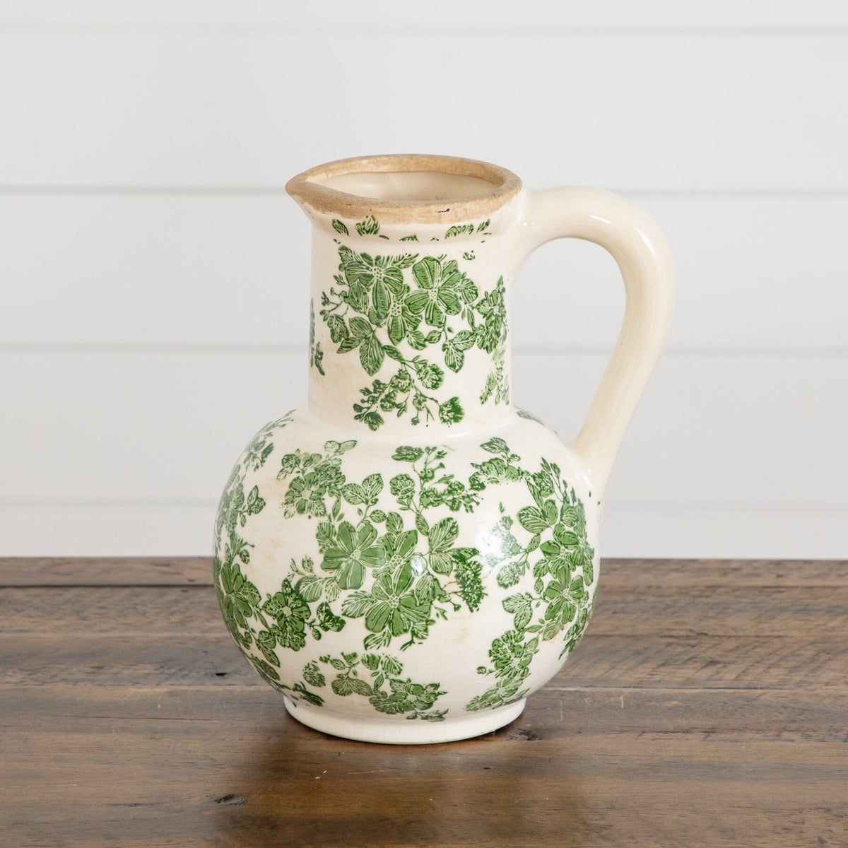 9” Floral Tuscan Ceramic Green Scroll Jar - Antiqued Vase