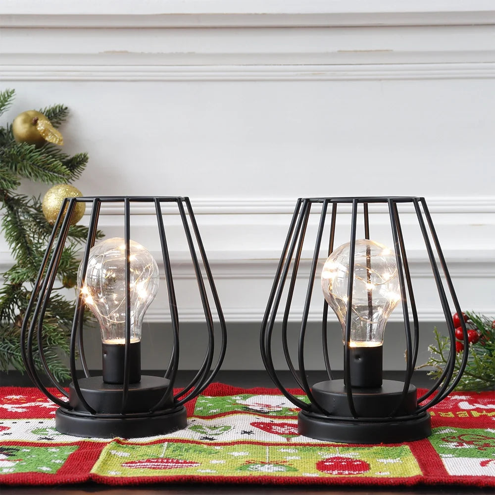 7''Tall Set of 2 Metal Battery Operated Lamp (Black)