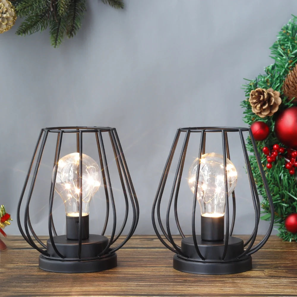 7''Tall Set of 2 Metal Battery Operated Lamp (Black)