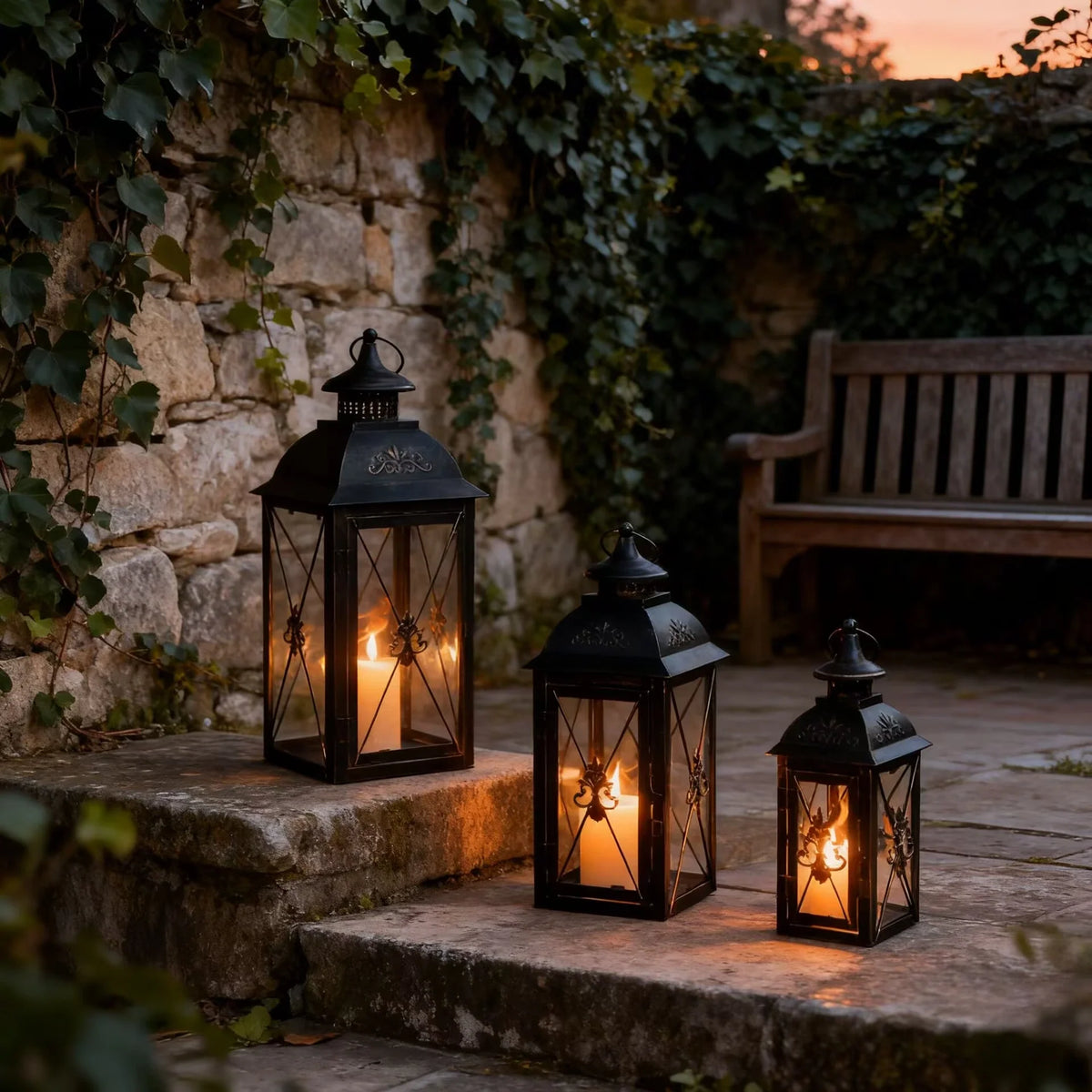 Set of 3- 19'' High Decorative Hanging Lantern (Black) 13.5'' & 9.5''