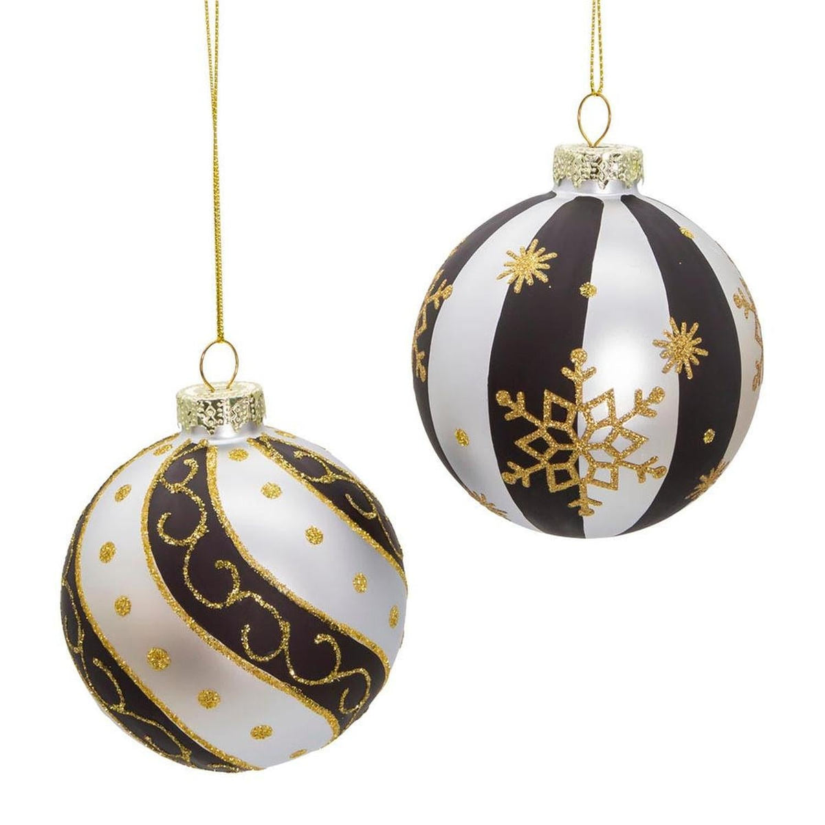 Kurt Adler 80 MM Silver/ Black/ Gold Glass Balls, 6-Piece Set