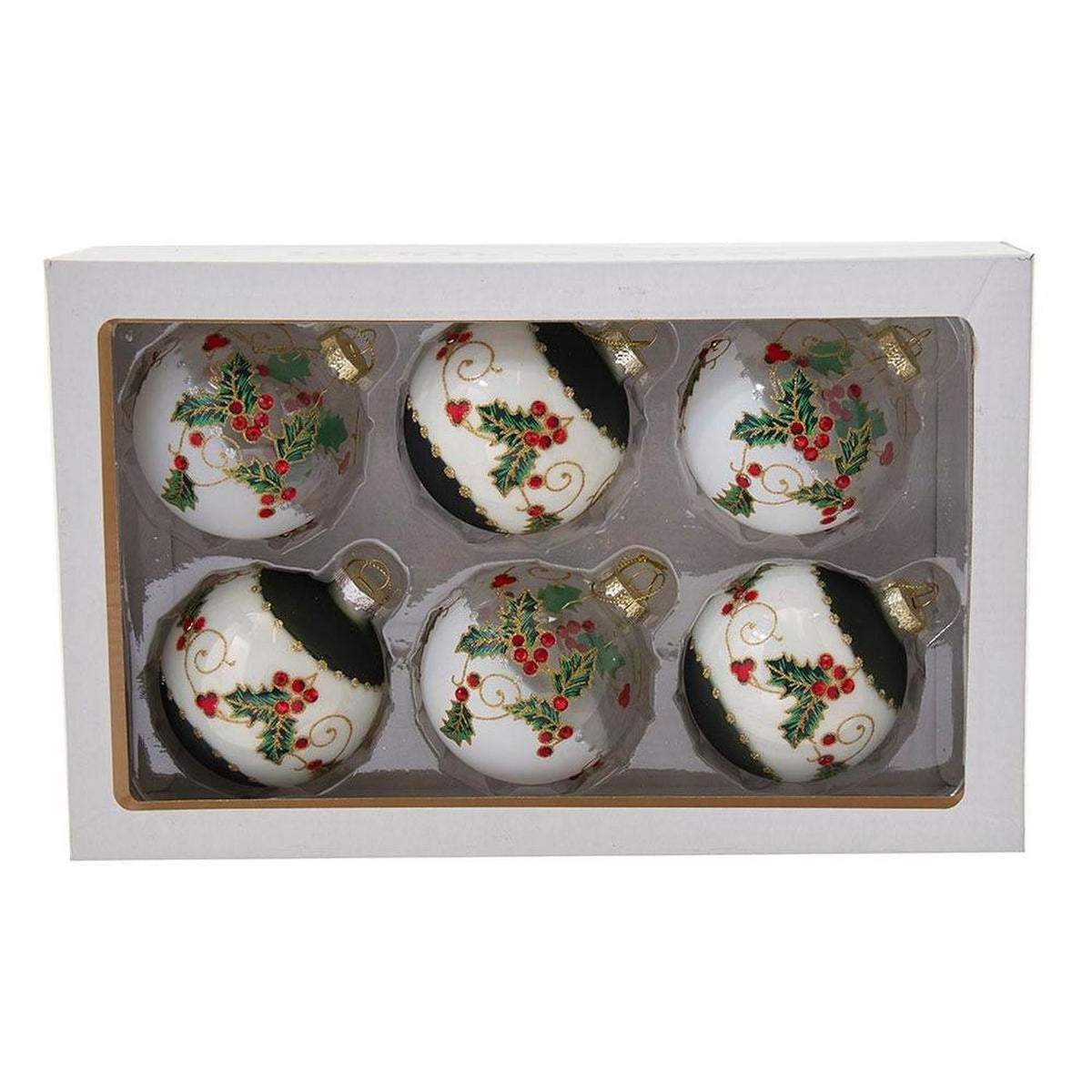 Kurt Adler 80MM Holly Leaves and Berries Glass Ball Ornaments, 6-Piece Set