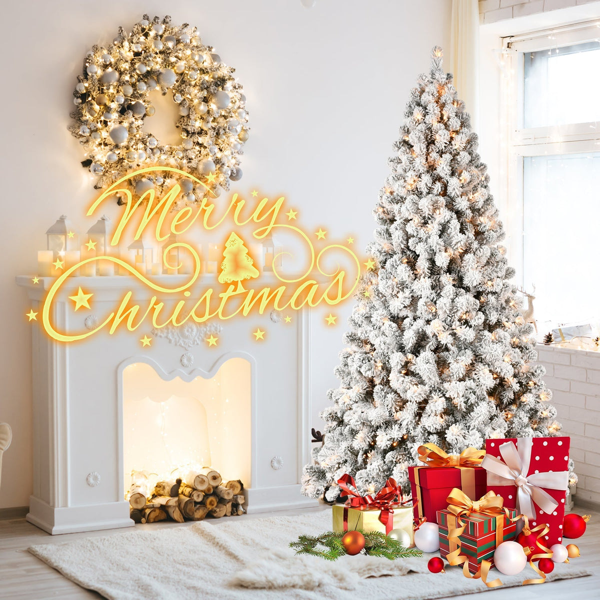 9-Foot Pre-Lit Snow-Flocked Christmas Tree