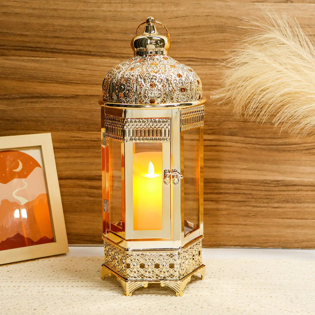 Moroccan Candle Lantern 16'' Gold Hexagonal Candle Holder