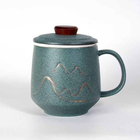 15oz Tea Mugs with Lid and Infuser for Loose Leaf Tea Mountain Design Green (4/48)